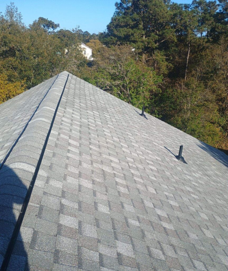 Roof ridge and vent pipe with trees beyond in Oak Island, NC